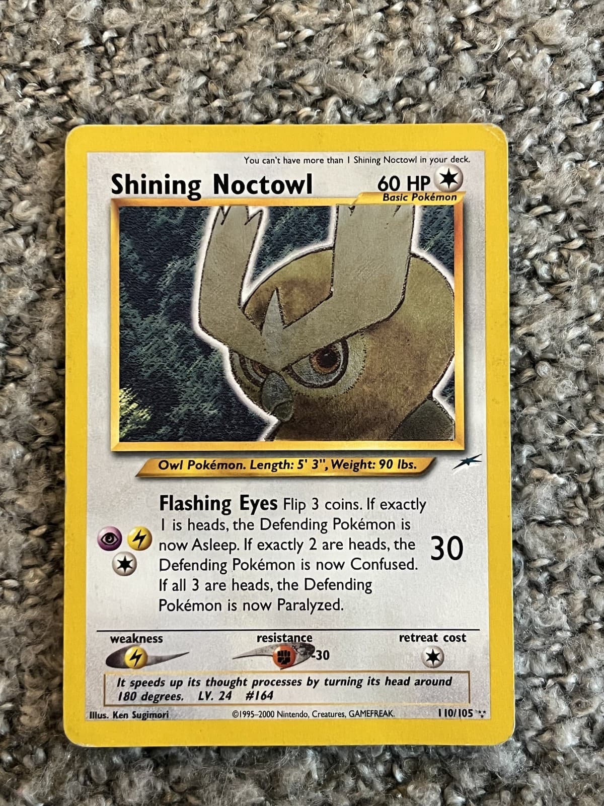 Beautiful Vintage Pokemon Card Holo Neo Destiny Shining Noctowl 110/105