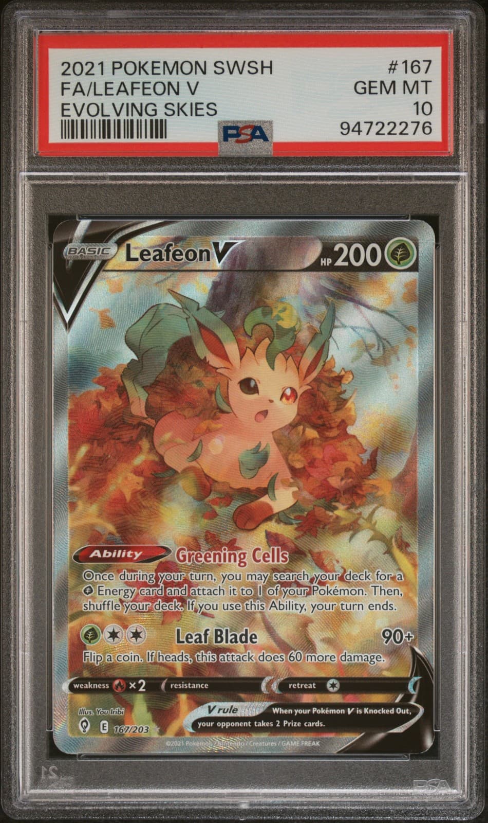 2021 POKEMON SWORD & SHIELD EVOLVING SKIES #167 FULL ART/LEAFEON V PSA 10