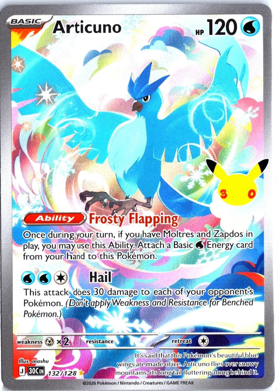 Articuno 132/128 Illustration Rare ME: 30th Celebration Pokemon Holo Near Mint