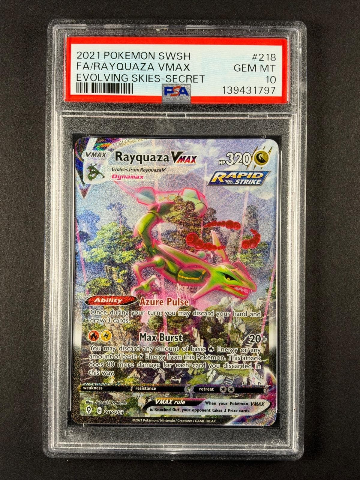 PSA 10 Rayquaza VMAX #218/203 Evolving Skies Alt Art Secret 250001