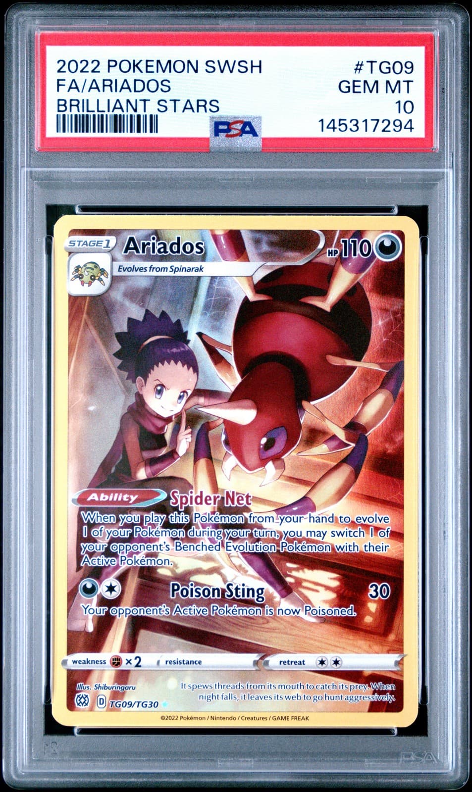 2022 POKEMON SWORD & SHIELD BRILLIANT STARS #TG09 FULL ART/ARIADOS PSA 10