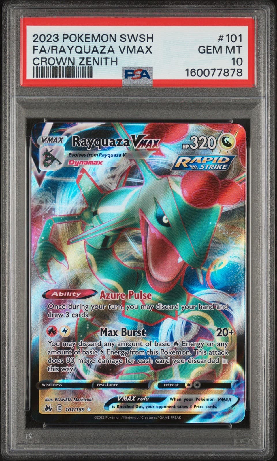 2023 POKEMON SWORD & SHIELD CROWN ZENITH #101 FULL ART/RAYQUAZA VMAX PSA 10
