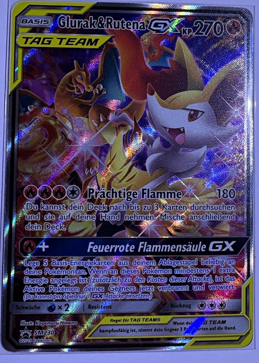 Pokémon TCG Glurak & Rutena GX Promo Holo SM230 Deutsch 2019 KP 270 TAG TEAM