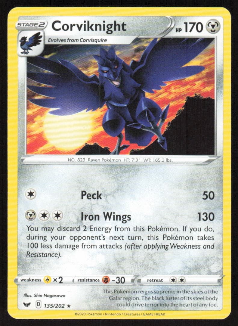 Pokemon Corviknight Rare 135/202 SWSH01: Sword & Shield Base Set LP