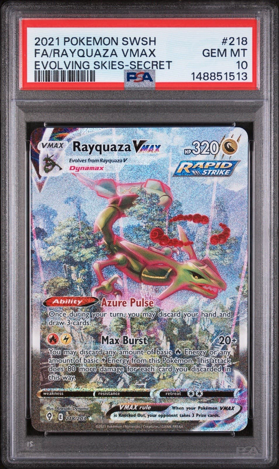 Pokémon Evolving Skies Rayquaza VMAX #218/203  Alt Art Secret PSA 10