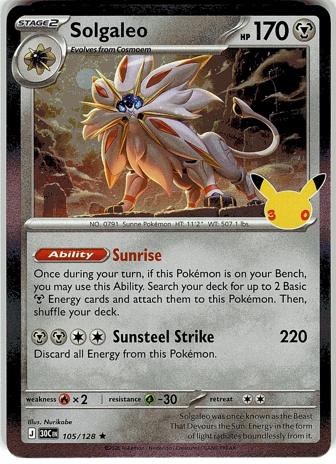 Solgaleo 105/128 ME: 30th Celebration Pokemon Holo Near Mint