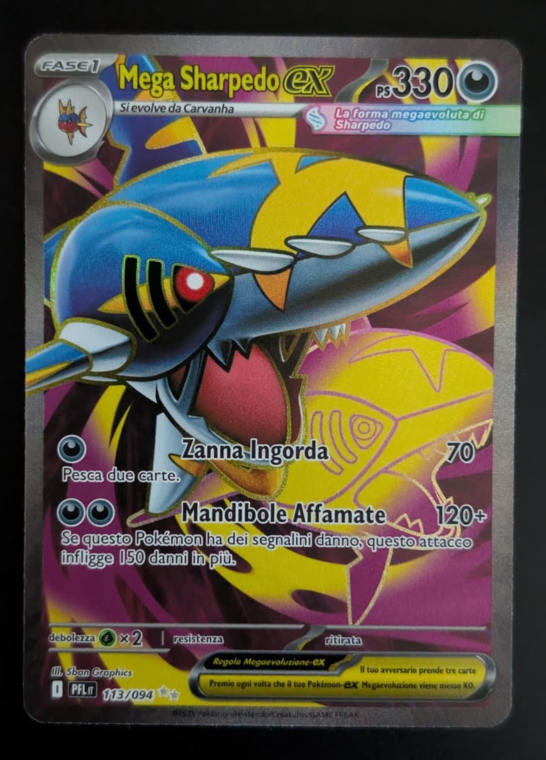 Carta Pokemon MEGA SHARPEDO EX 113/094 Fiamme Spettrali PFL Holo Rara ITA NM