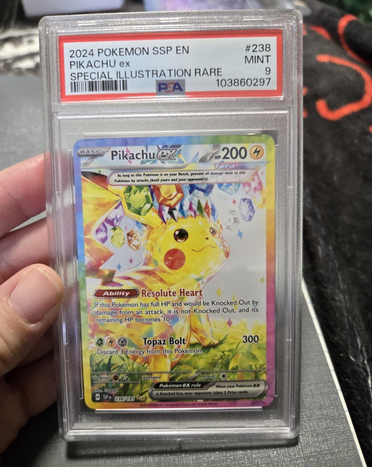 Pokémon PSA 9 Pikachu ex Sv08 Surging Sparks 238/191 SIR Full Art Holo EN