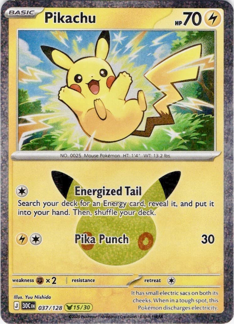 Pikachu 037/128 Holo Pikachu Rare 30th Celebration Pokemon NM + 30th Sleeve
