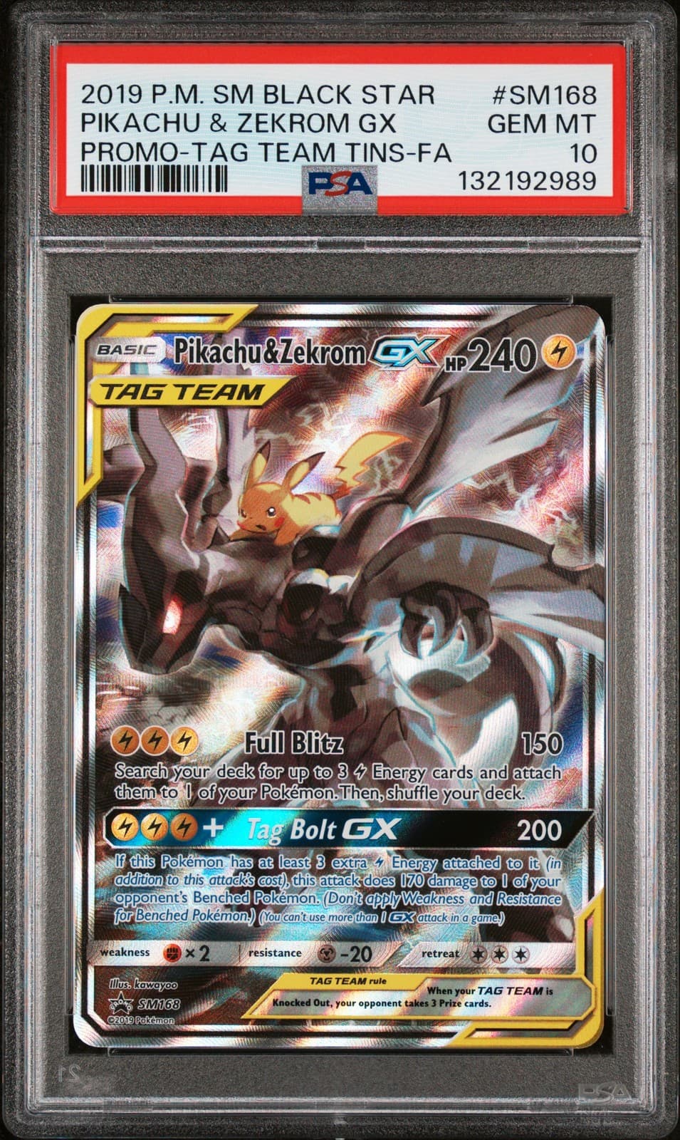 2019 POKEMON SM BLACK STAR PROMO #SM168 FULL ART/PIKACHU & ZEKROM GX PSA 10