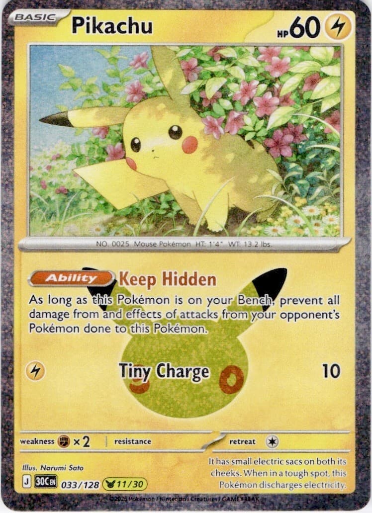 Pikachu 033/128 Holo Pikachu Rare 30th Celebration Pokemon NM + 30th Sleeve