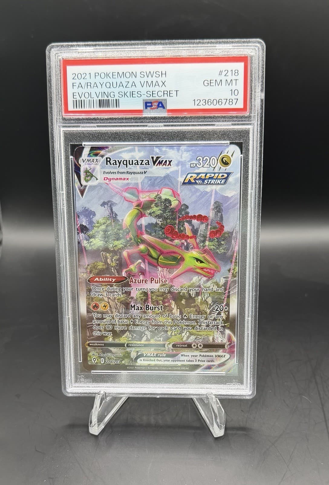 2021 Pokemon Evolving Skies RAYQUAZA VMAX 218/203 Full Art Secret Rare PSA 10