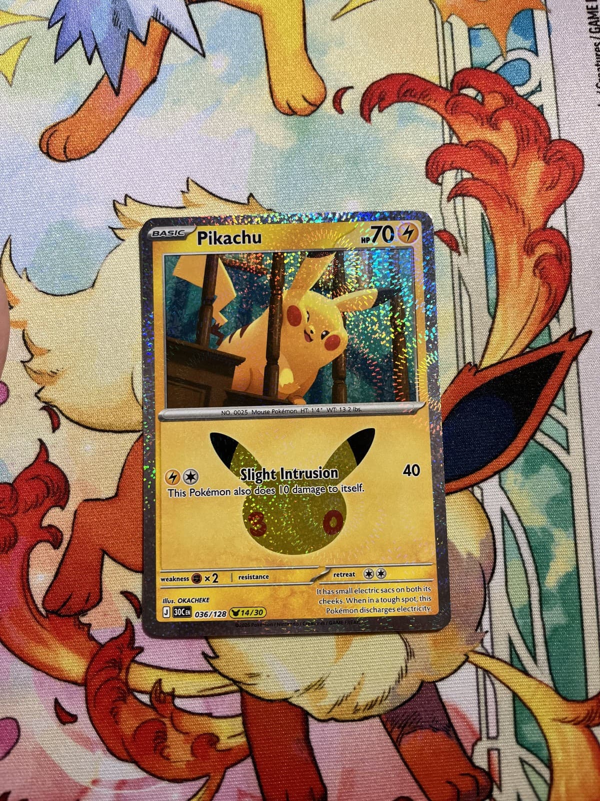 PIKACHU 036/128 ME: 30TH CELEBRATION HOLO PIKACHU RARE NEAR MINT POKEMON TCG
