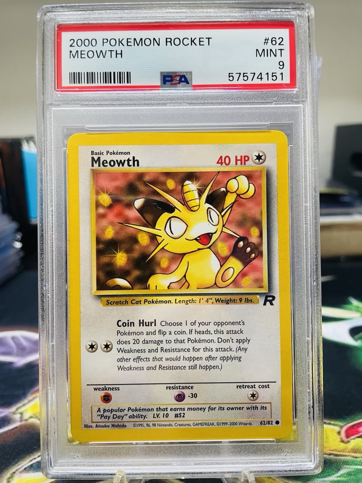 PSA 9 Meowth 62/82 2000 Team Rocket Common Pokemon Card