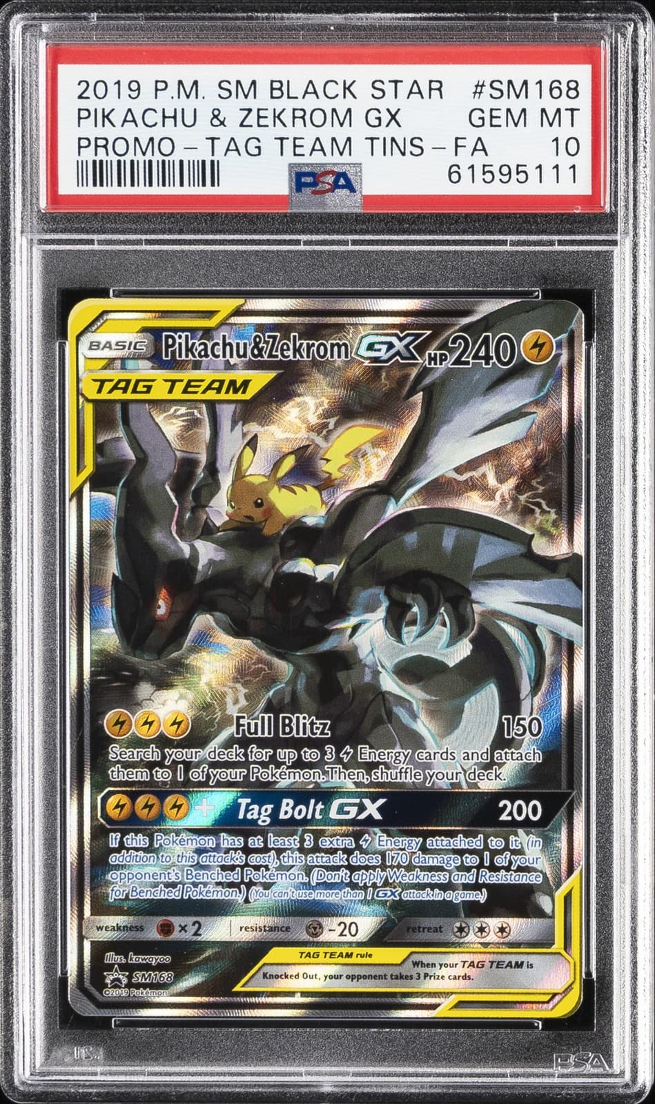 2019 POKEMON SM BLACK STAR PROMO #SM168 FULL ART/PIKACHU & ZEKROM GX PSA 10