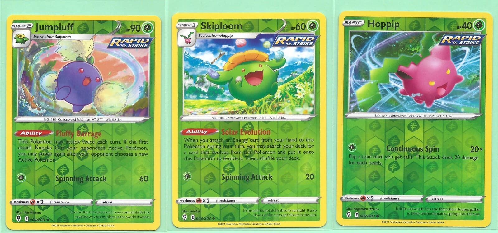 3 POKEMON JUMPLUFF 4/203 SKIPLOOM 3/203 HOPPIP 2/203- EVOLVING SKIES- REV HOLO