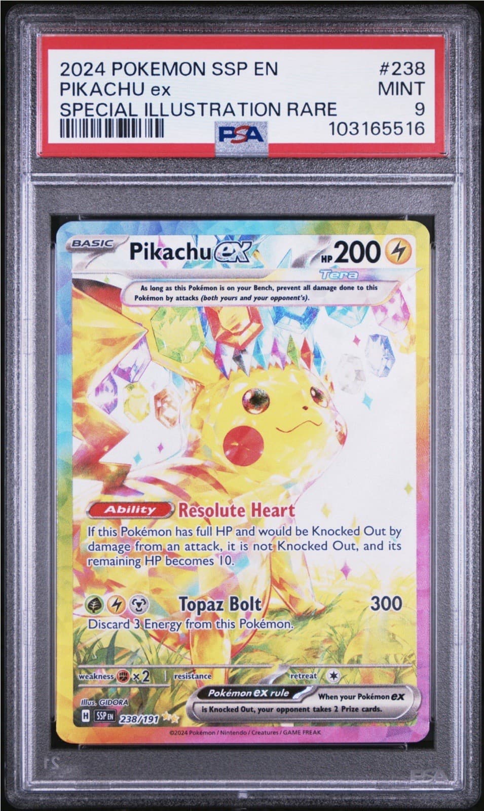 Pokemon 2024 Pikachu ex 238/191 SIR Surging Sparks PSA 9 Mint