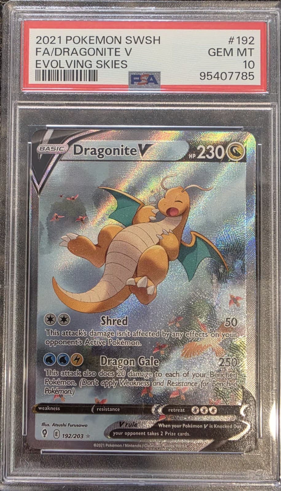 Pokemon 2021 Evolving Skies Dragonite V 192/203 Full Art Holo PSA 10