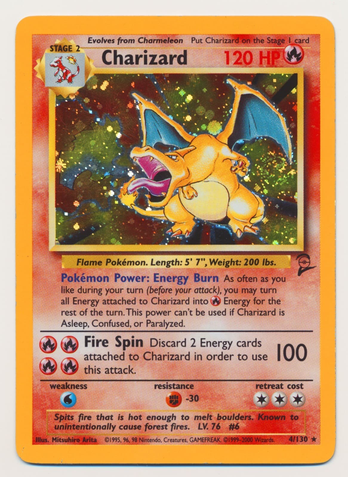Pokemon Base Set 2 Holo Rare SWIRL Charizard 4/130 MP Moderate Play Condition!