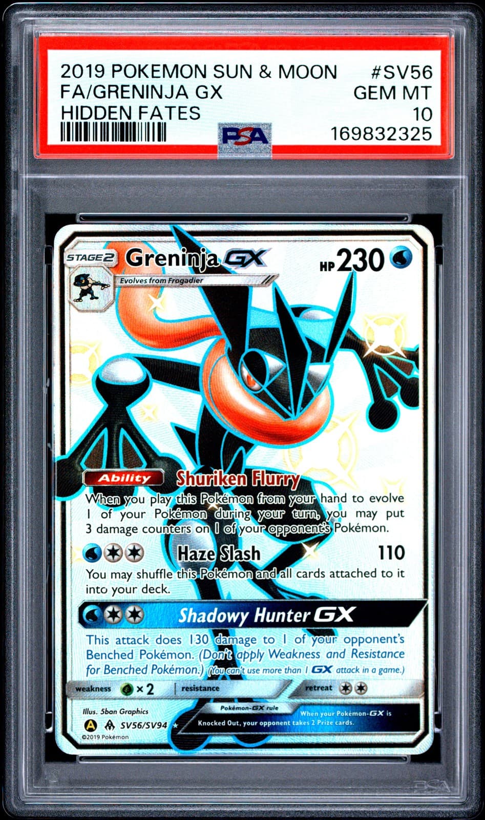 2019 POKEMON SUN & MOON HIDDEN FATES #SV56 FULL ART/GRENINJA GX PSA 10