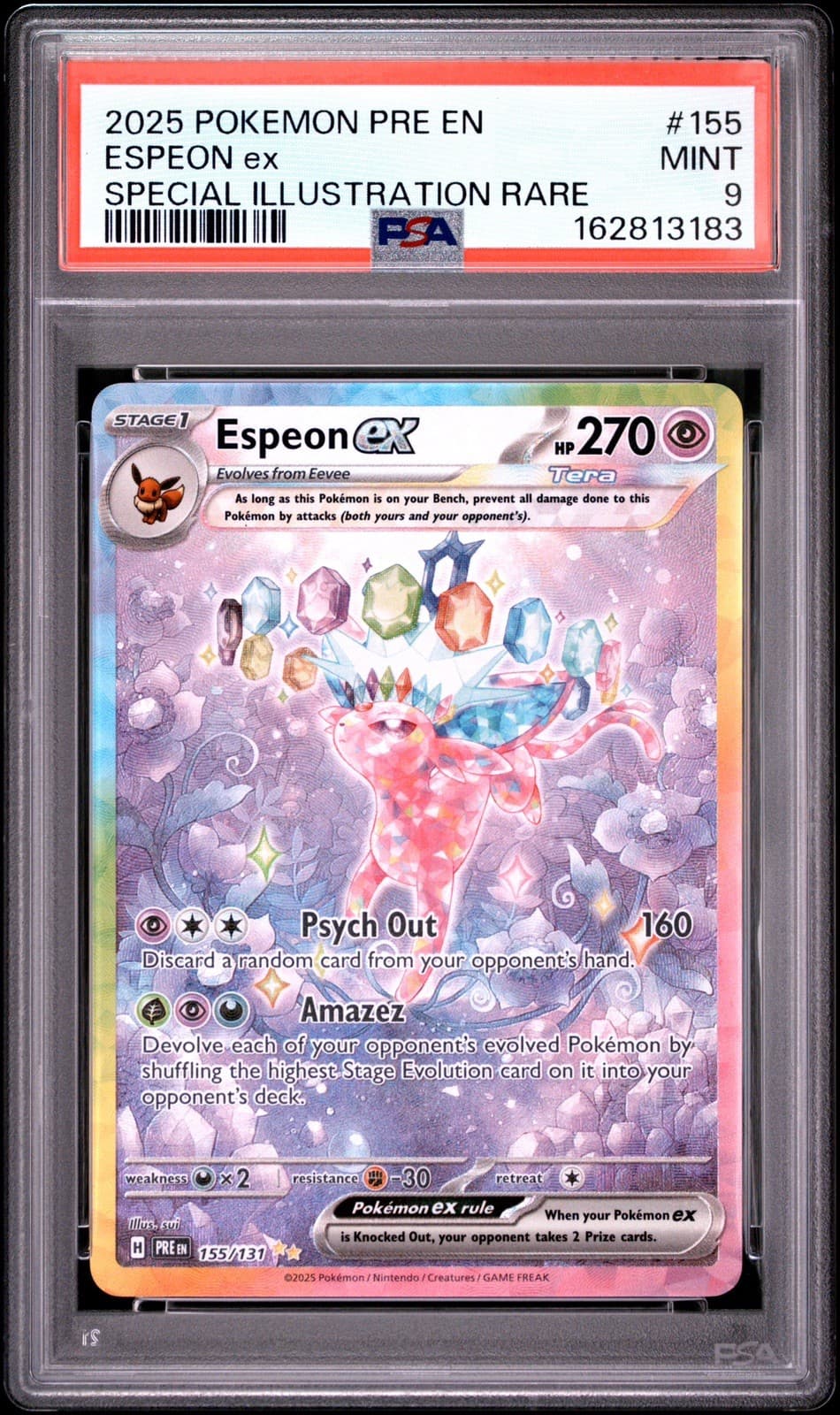2025 Pokemon Prismatic Evolutions Espeon ex 155/131 SIR EN PSA 9