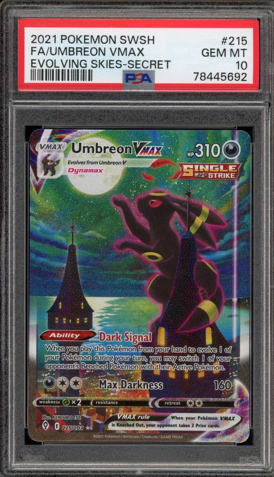 Pokemon Umbreon Vmax Evolving Skies 215/203 Secret Rare Full Alt Art PSA 10