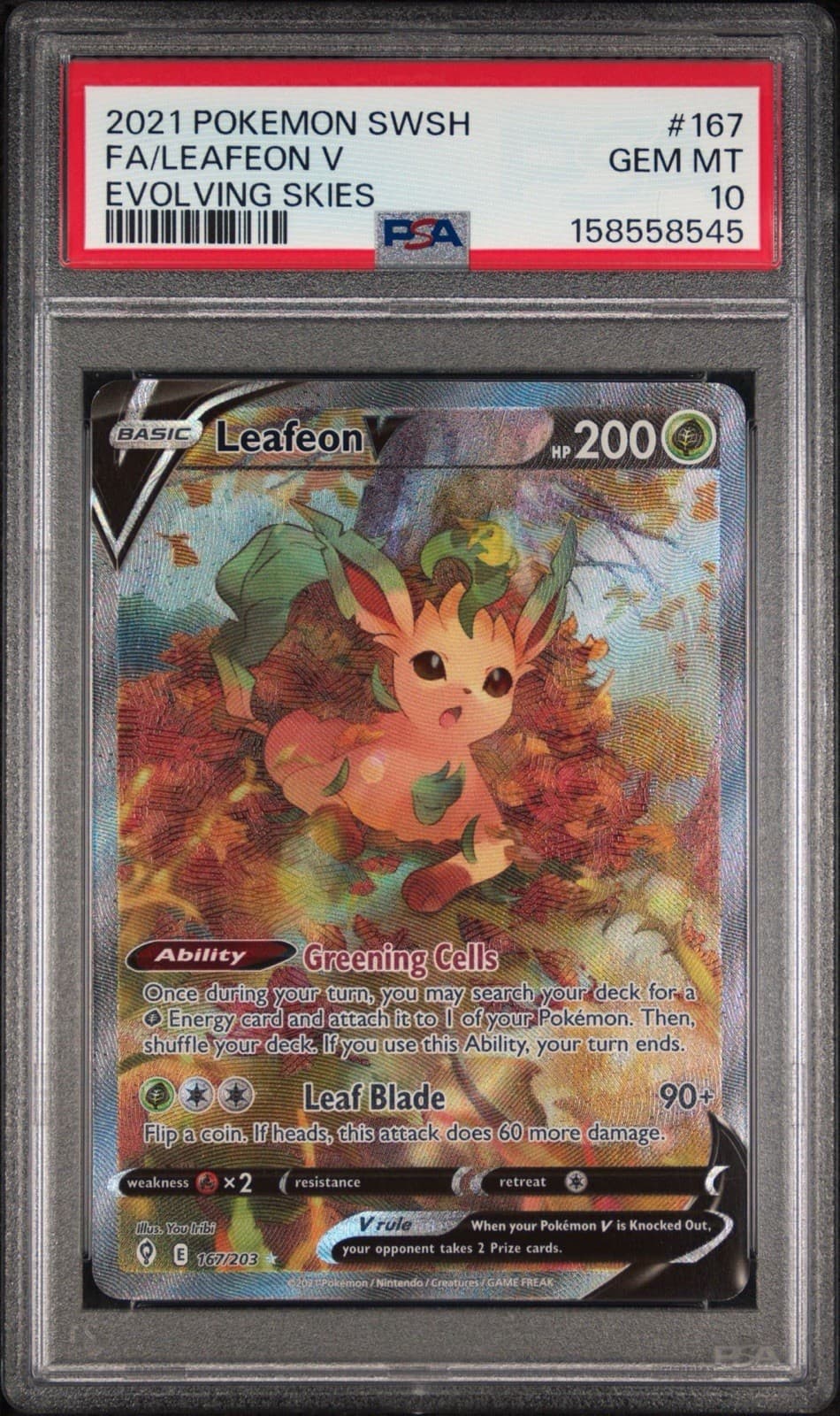 2021 POKEMON SWORD & SHIELD EVOLVING SKIES #167 FULL ART/LEAFEON V PSA 10