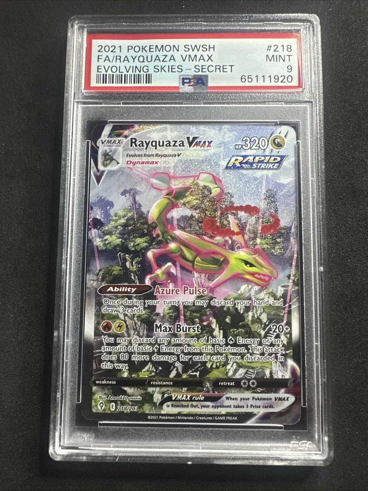 2021 POKEMON EVOLVING SKIES RAYQUAZA VMAX ALT ART #218/203 SECRET RARE PSA 9
