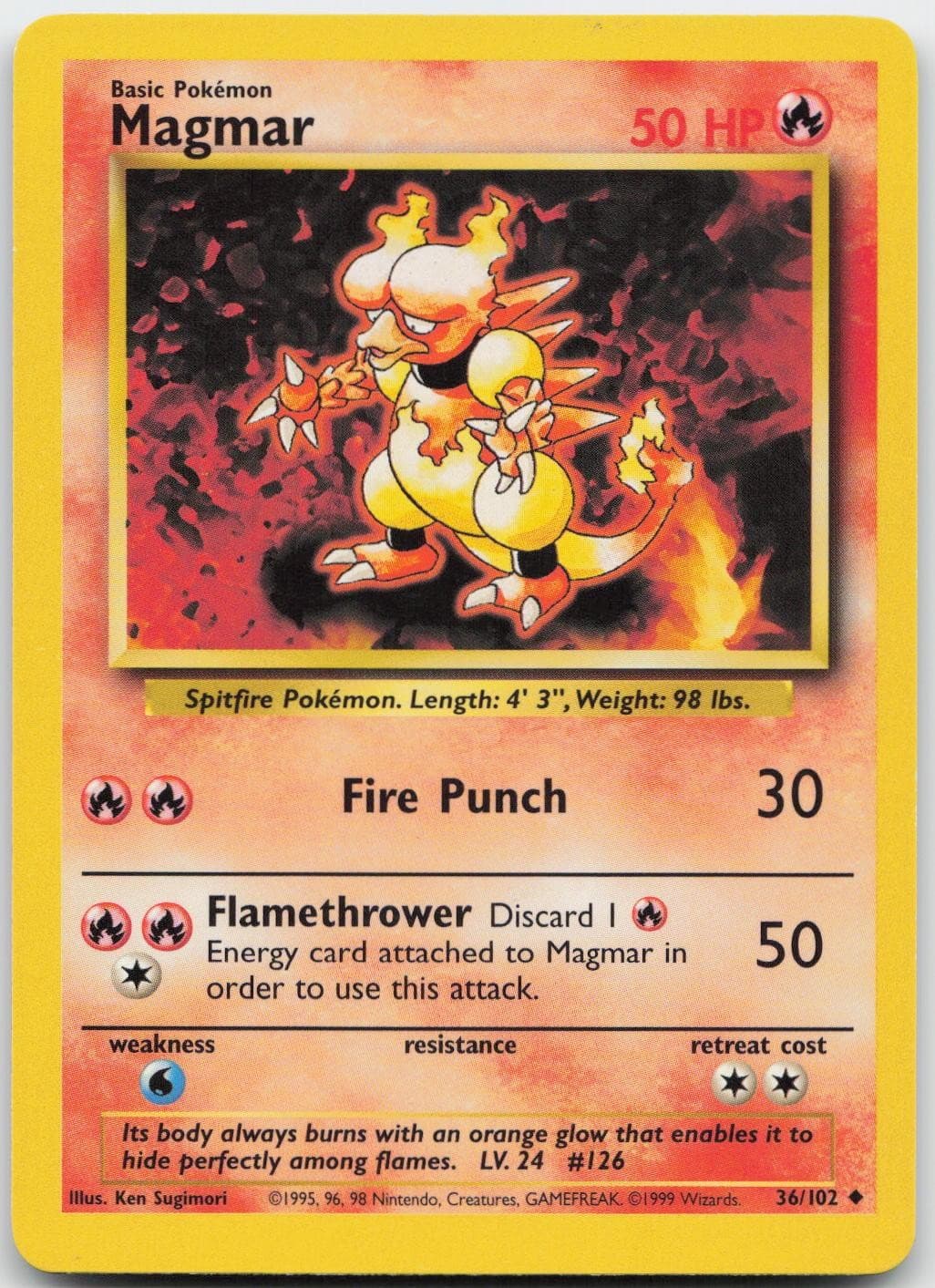 Magmar 36/102 Uncommon Base Set Unlimited Pokemon Lightly Played