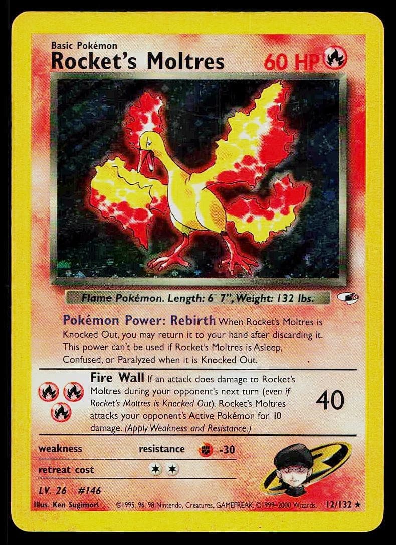 Pokemon Card Gym Heroes Rocket's Moltres 12/132 Unlimited Holo MP Front HP Back