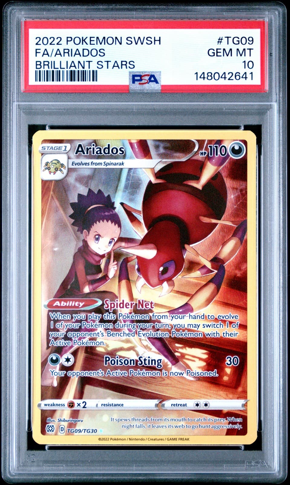 2022 POKEMON SWORD & SHIELD BRILLIANT STARS #TG09 FULL ART/ARIADOS PSA 10
