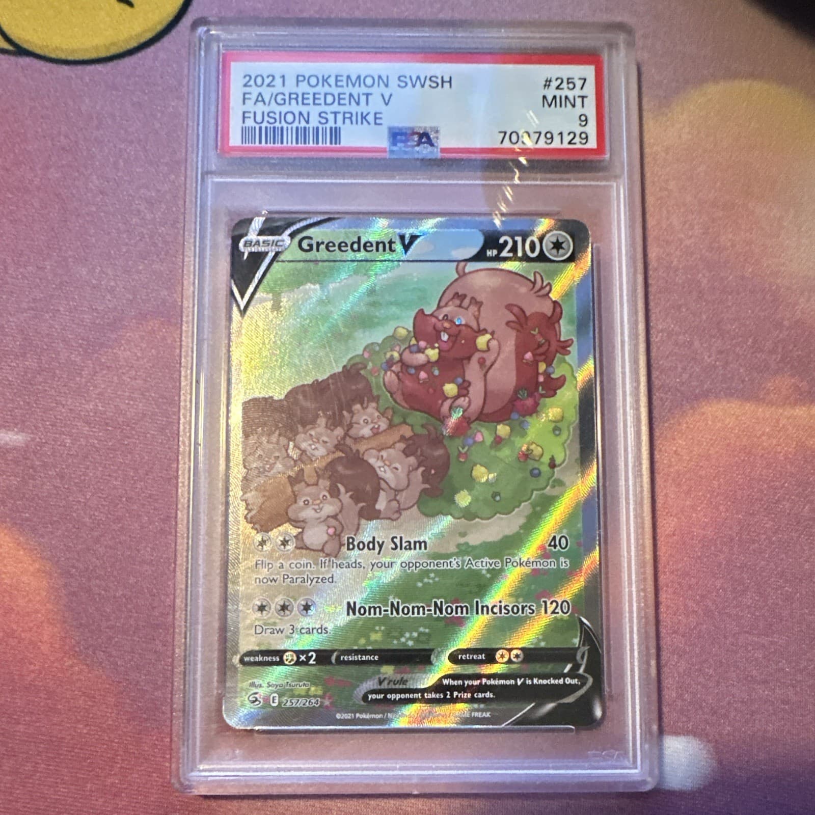Pokemon TCG Greedent V 257/264 Fusion Strike Full Art Holo PSA 9 EN 2021