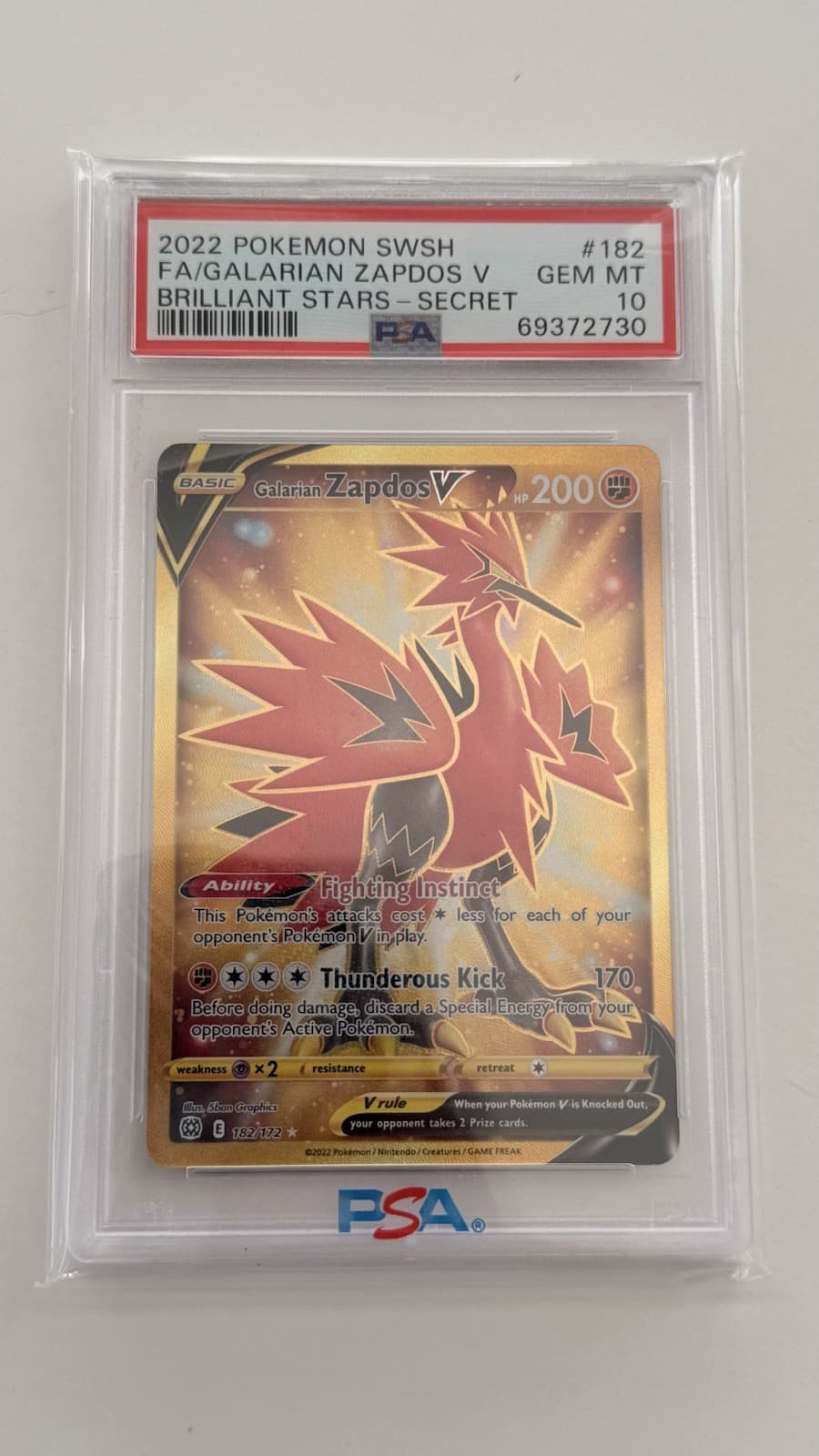 Pokemon 2022 Brilliant Stars Galarian Zapdos V 182/172 Secret Rare Holo PSA 10