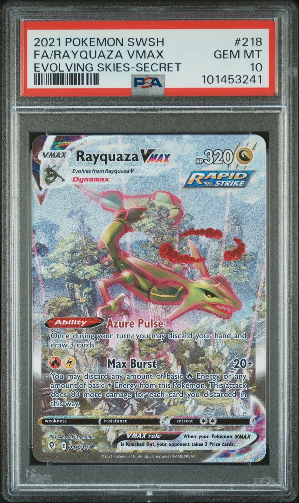 2021 Pokemon Sword & Shield Evolving Skies Rayquaza VMAX PSA 10 #218