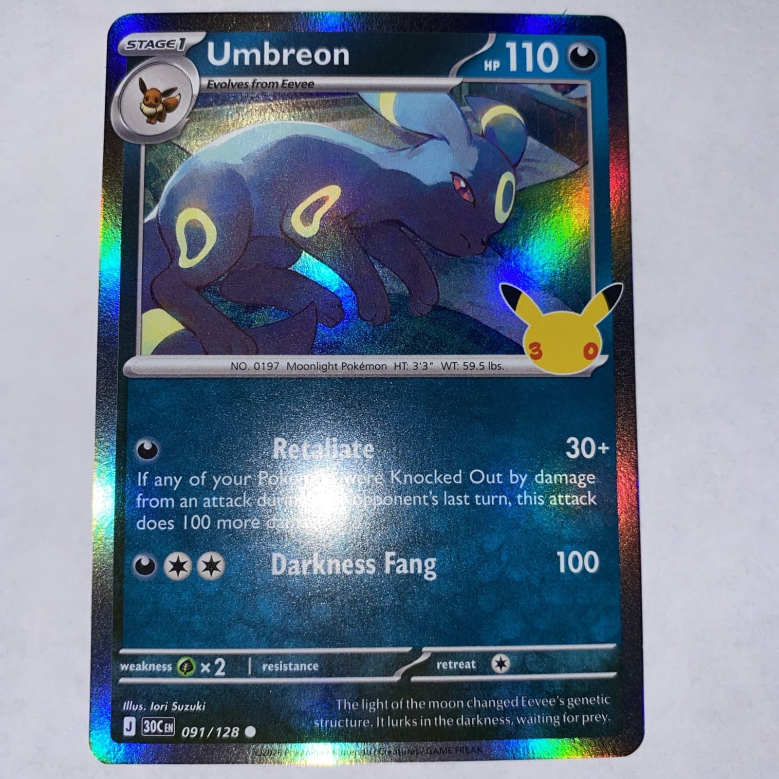 Pokemon 30th Celebration Holo Umbreon 091/128 Common Near Mint