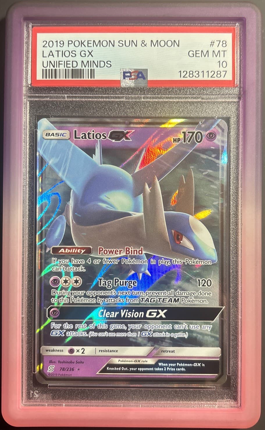Pokémon TCG Latios GX 78/236 Unified Minds PSA 10 GEM MT with Guard.