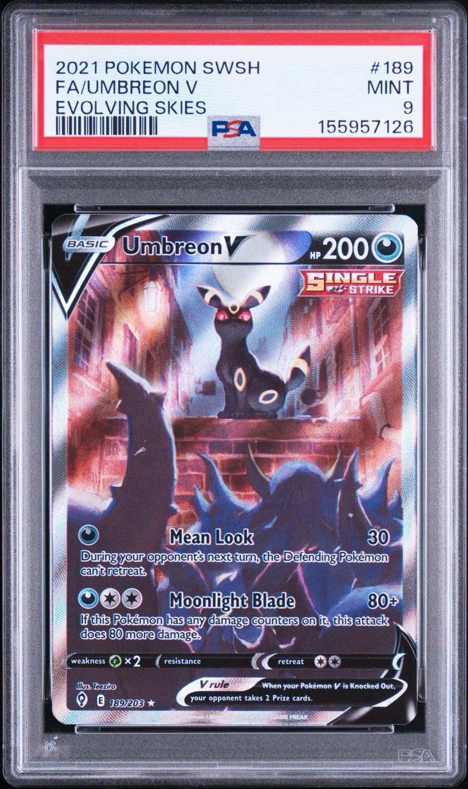 Pokémon 2021 SWSH07 Evolving Skies Umbreon V Alt Full Art Holo 189/203 PSA 9