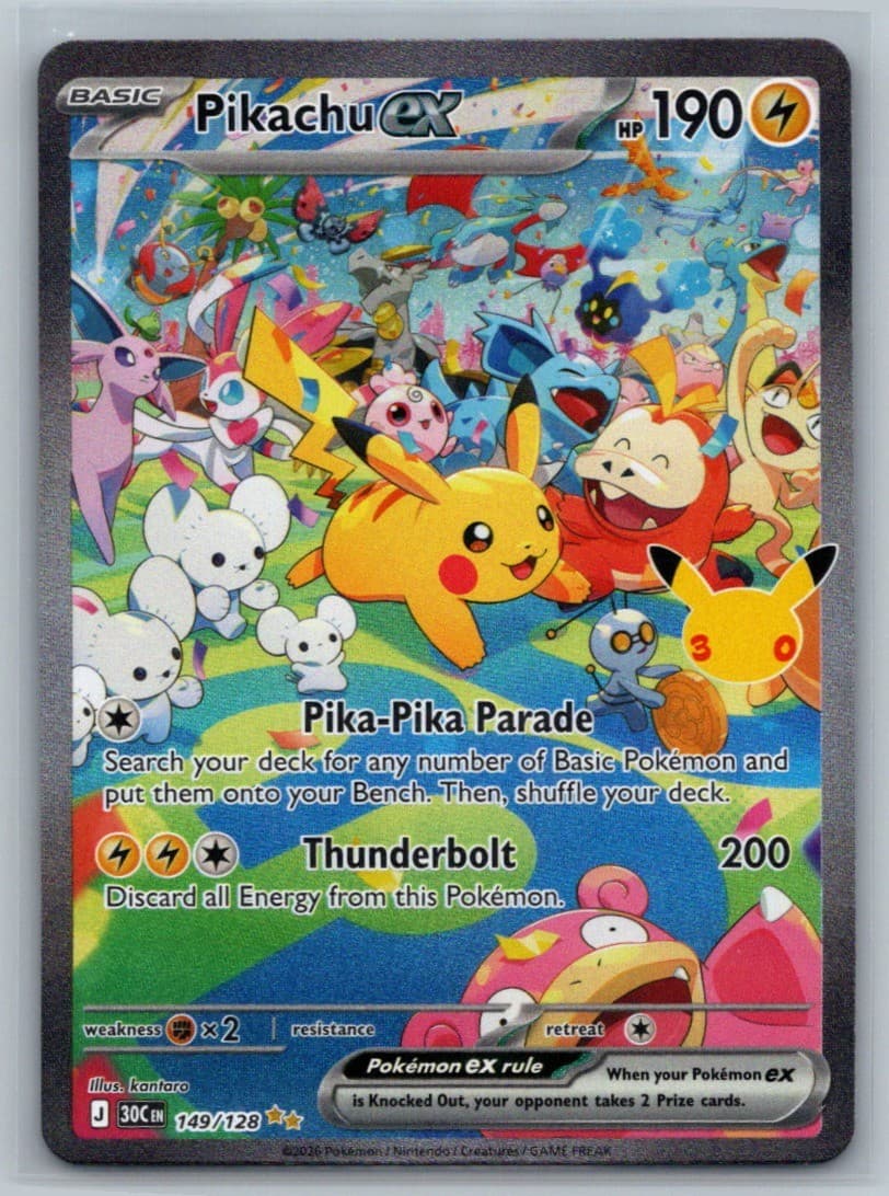 Pikachu ex 149/128 SIR Holo NM Pokemon Card 30th Celebration