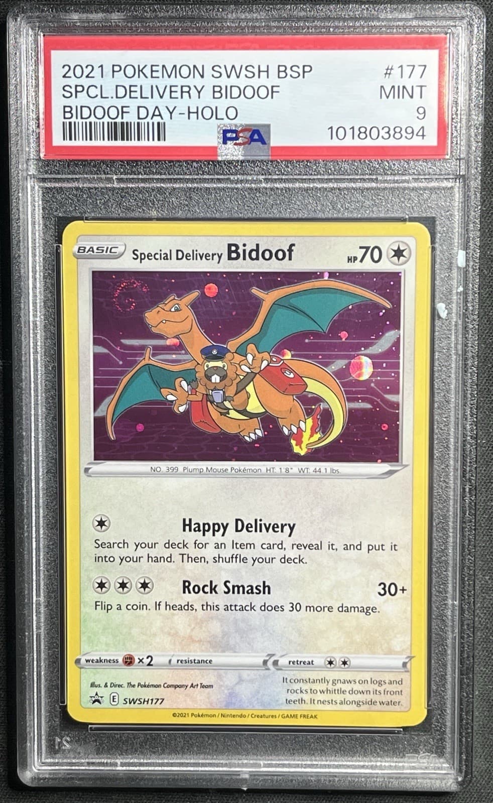 PSA 9 Special Delivery Bidoof SWSH177 Pokemon Center Promo W/ Head Swirl