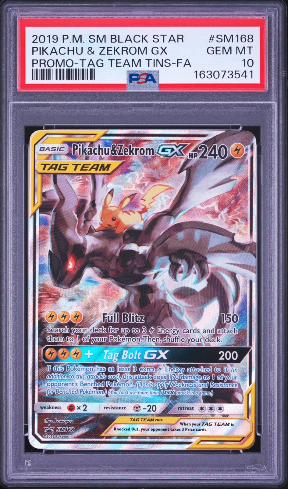 2019 POKEMON SM BLACK STAR PROMO #SM168 FULL ART/PIKACHU & ZEKROM GX PSA 10