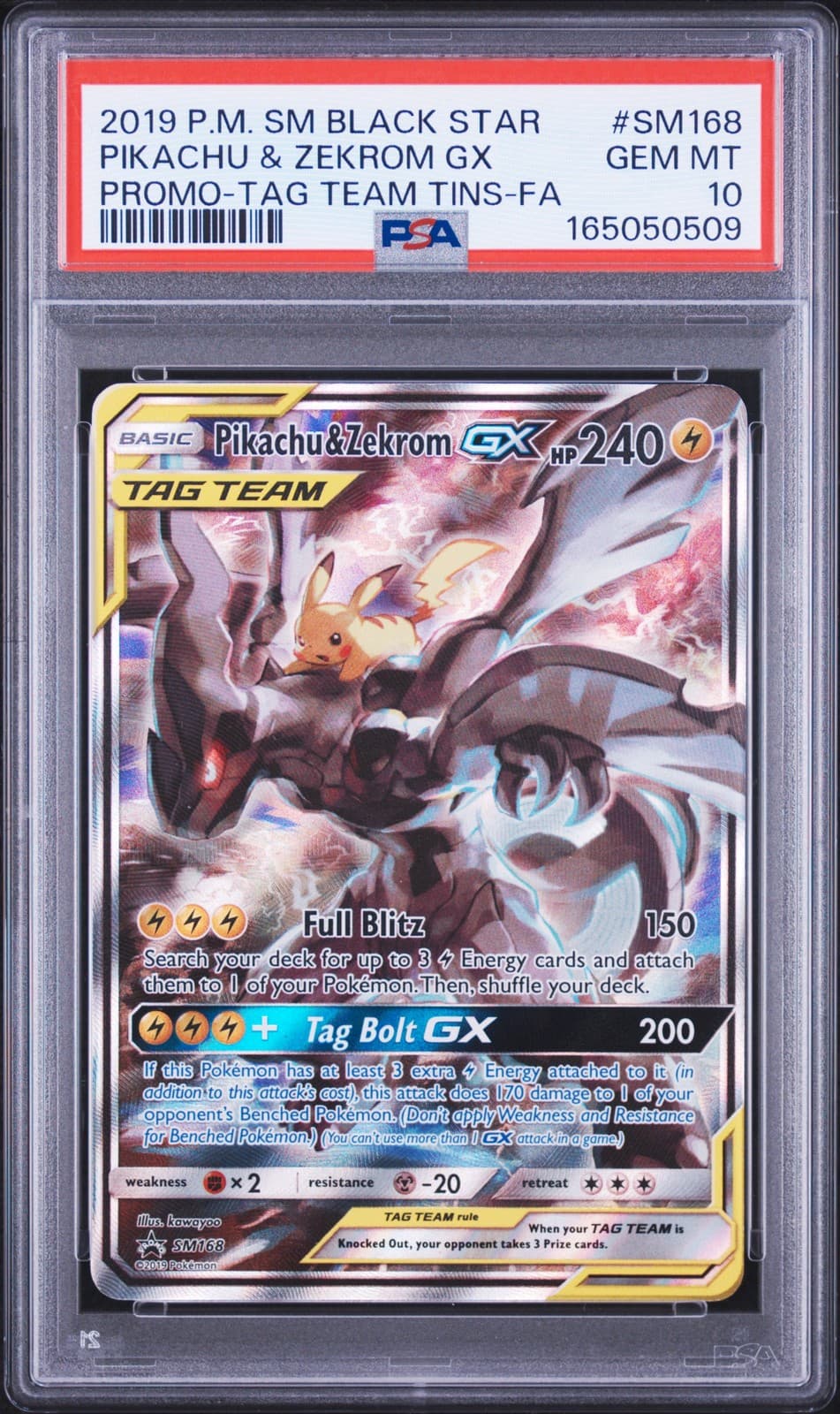 2019 POKEMON SM BLACK STAR PROMO #SM168 FULL ART/PIKACHU & ZEKROM GX PSA 10