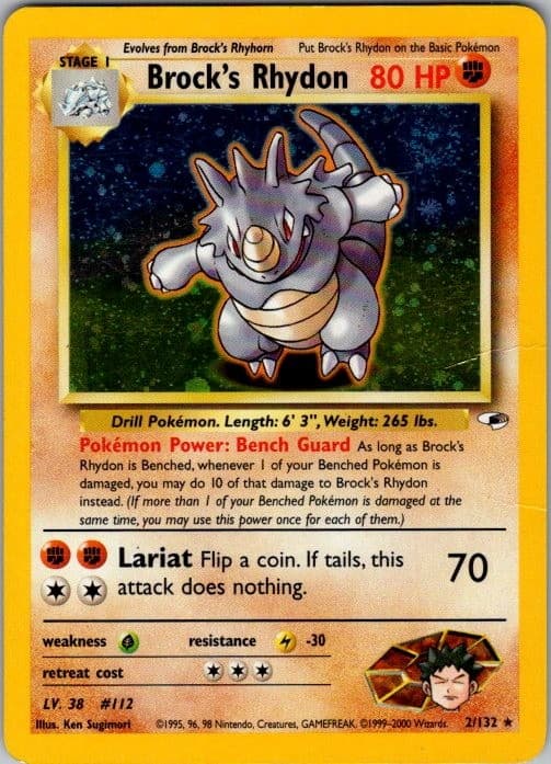 Brock's Rhydon 2/132 Rare Gym Heroes Pokemon Unlimited Holo MP Ken Sugimori