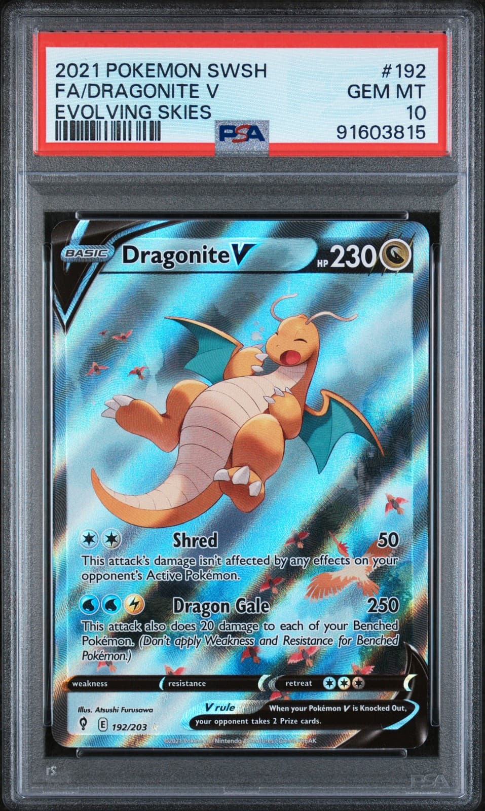 2021 POKEMON SWORD & SHIELD EVOLVING SKIES #192 FULL ART/DRAGONITE V PSA 10