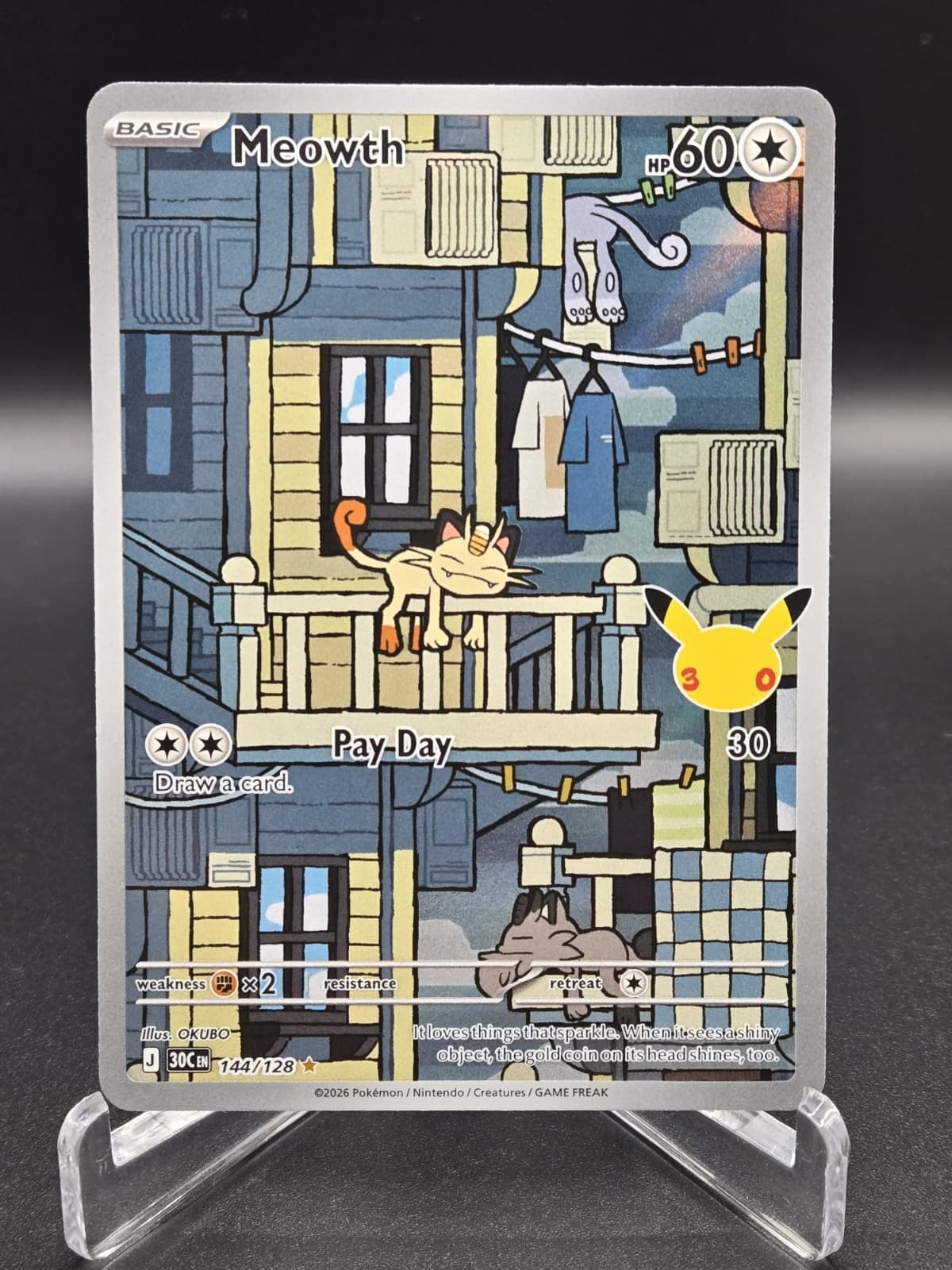 Pokémon TCG Meowth #144/128, 30th Anniversary Celebration, Illustration Rare, NM