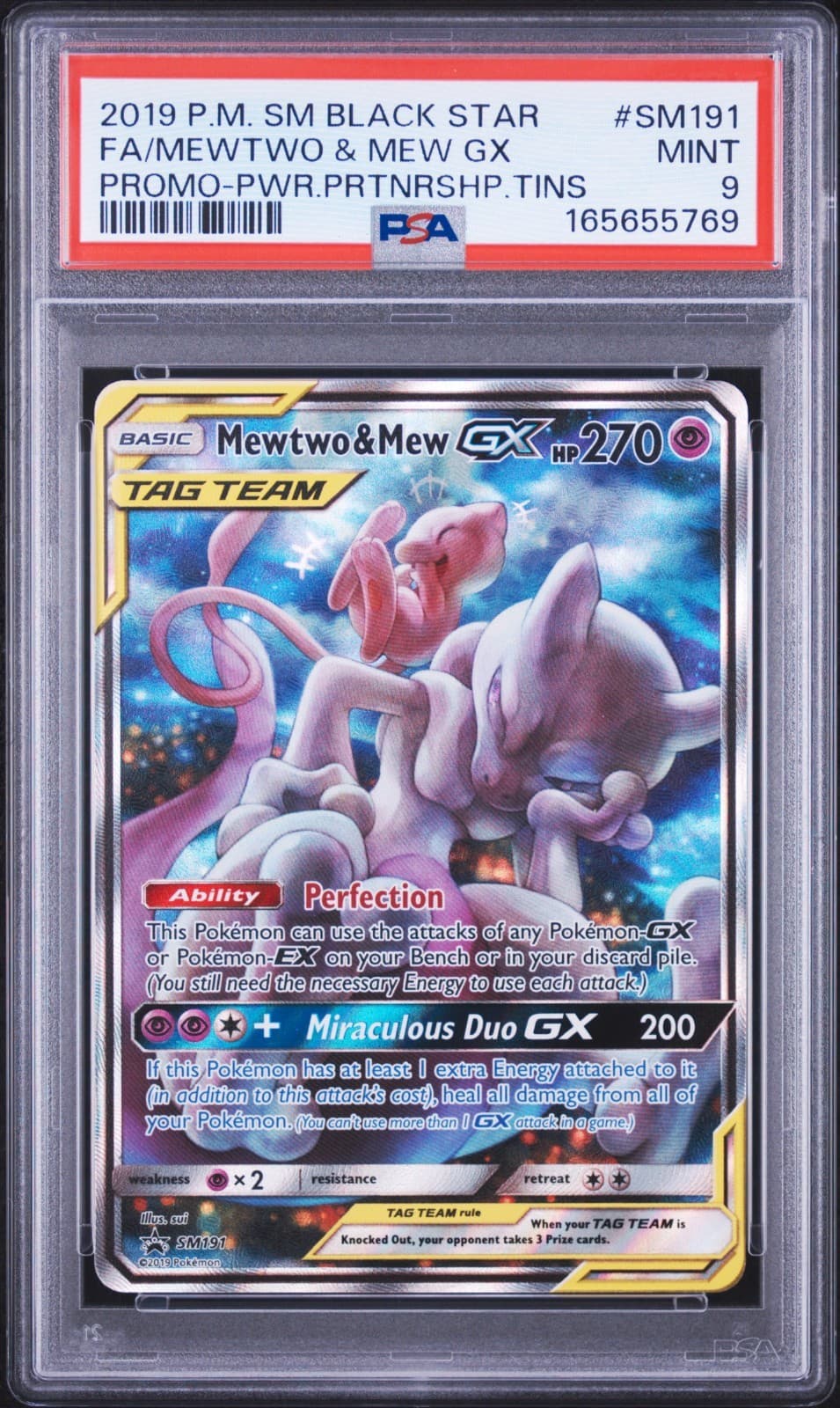 2019 POKEMON SM BLACK STAR PROMO #SM191 FULL ART/MEWTWO & MEW GX PSA 9