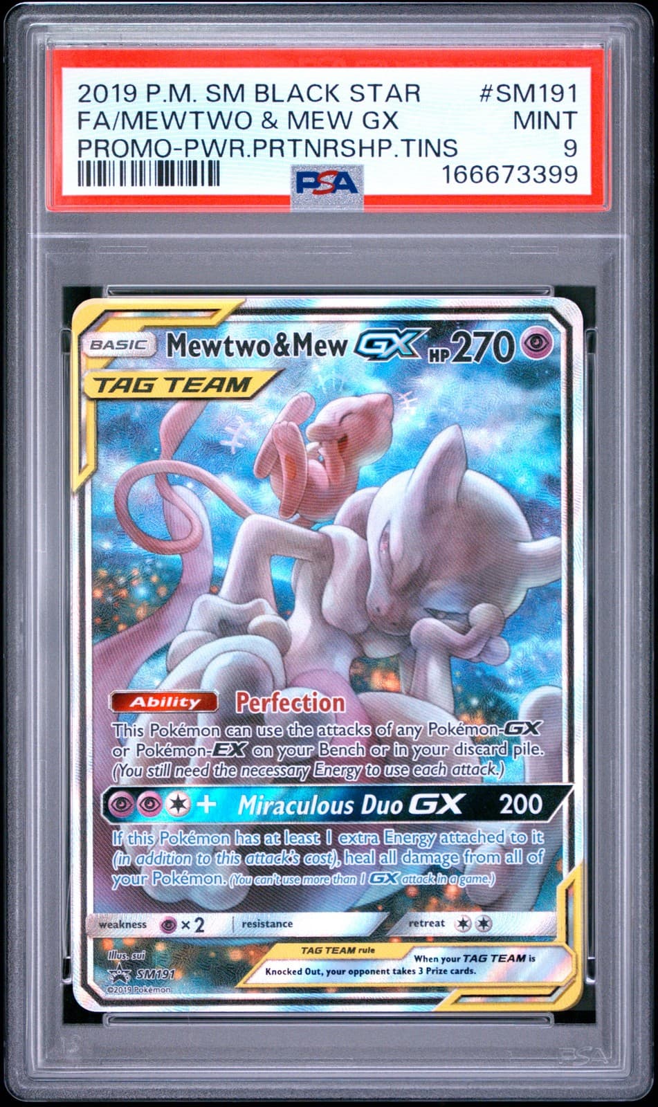 2019 POKEMON SM BLACK STAR PROMO #SM191 FULL ART/MEWTWO & MEW GX PSA 9