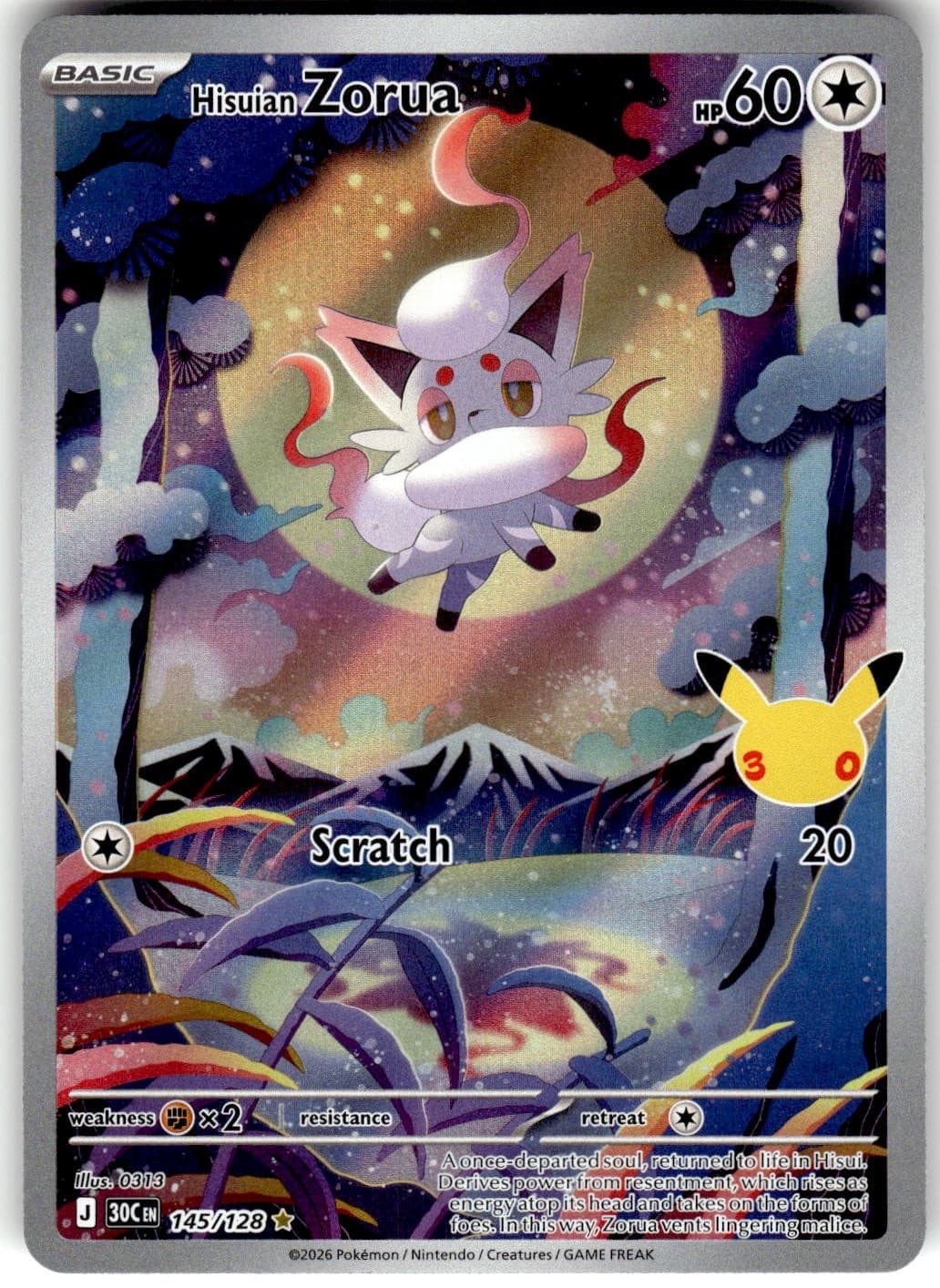 Hisuian Zorua 145/128 ME: 30th Celebration Pokemon NM Fast Ship