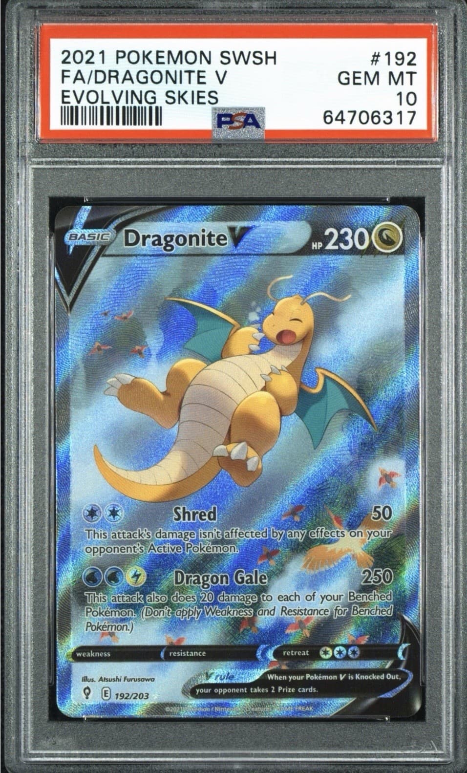 Pokémon 2021 Evolving Skies Dragonite V Alt Full Art Holo 192/203 PSA 10