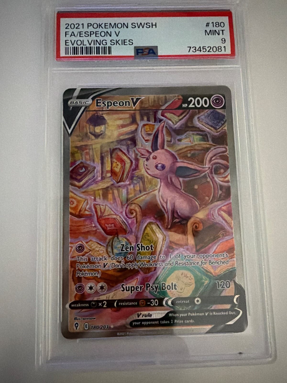 Espeon V (Alternate Full Art) 180/203 SWSH07: Evolving Skies Holo PSA 9