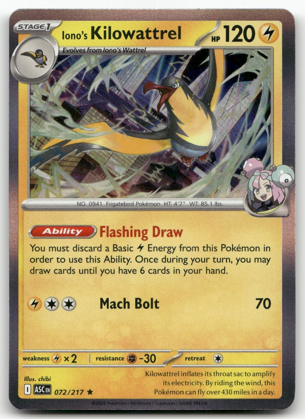 Iono's Kilowattrel #72/217 (Holo) (NM) ME: Ascended Heroes ASC Pokemon